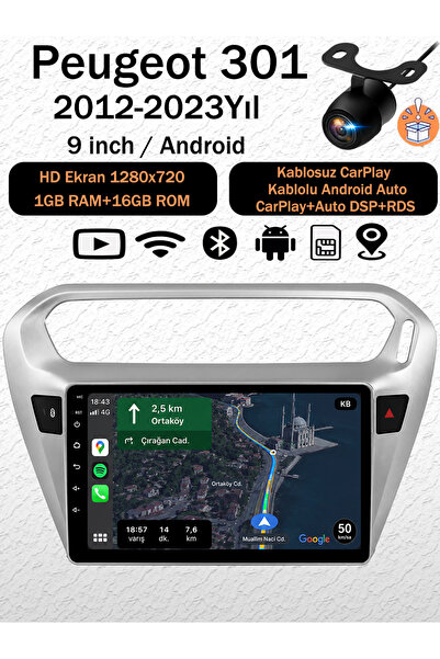 coni Peugeot 301 2012-2023 Uyumlu 1GB RAM 16GB Android Navigasyon Multimedya ...