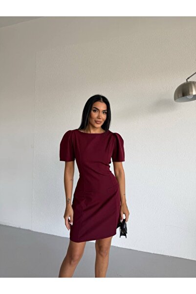 KN Fashion Atlas kumaş elbise, slim fit elbise, mini elbise, balon kollu elbi...