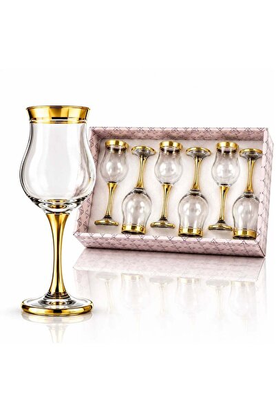 hey Pahare cu picior, set de 6, din sticlă, 20 cm, model cu bordură aurie, tr...