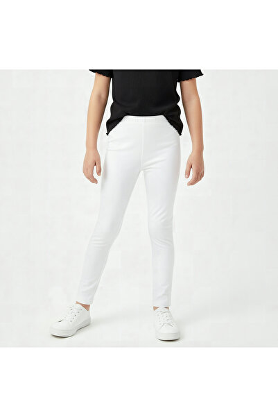 Juniors White Cotton School Leggings with Elastic Waist - Girls