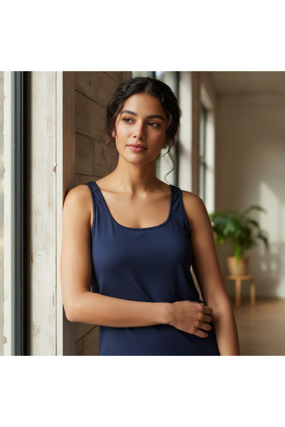 BONBON Women's Cotton Navy Blue Color Thick Strap Pool Neck Tank Top Bb2594