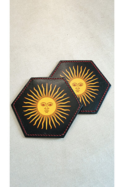 INKD Set of 2 Leather Coasters - Genuine Vegetable Leather - Sun Printed - Ha...