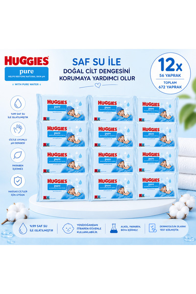 Huggies Pure Wet Baby Wipes 56 Sheets 99% Pure Water for Sensitive Skin X 12 ...