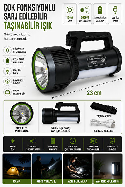 GÜZELYÜZ AVM 5 Modlu Fonksiyonlu 150W Şarjlı El Feneri Ultra Güçlü DT-8603