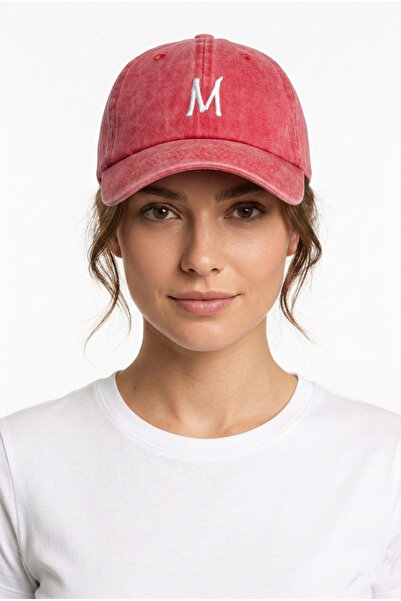 ŞapkaMania Red Embroidered Washable Vintage Unisex Hat with Letter m