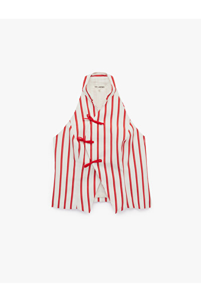 Koton Kruvaze Hakim Yaka Fiyonklu Kolsuz Qipao Görünümlü Çizgili Crop Bluz
