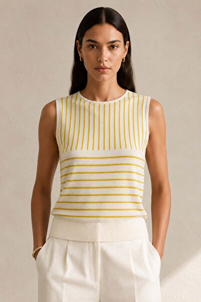 Ferraro Mustard Crew Neck 100% Cotton Women's Sleeveless Striped Knitwear Blouse