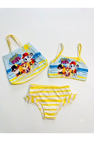 ALİŞ KİDS Girl's Yellow Color Cute Characters Patterned 3-Piece Bikini Set wi...