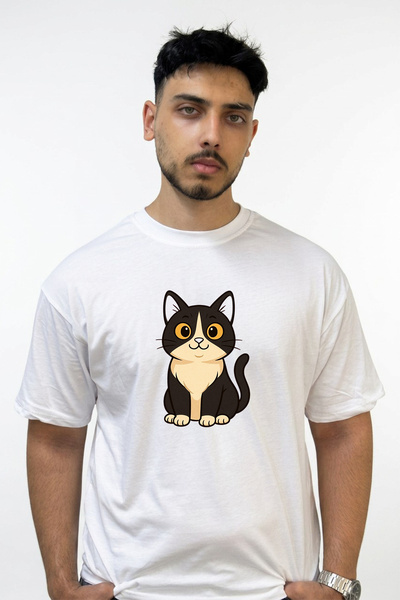 Anetos Cartoon Cat Design Printed Oversize White T-Shirt