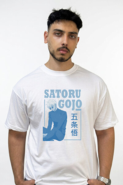 Anetos Satoru Gojo Design Printed Oversize White T-Shirt