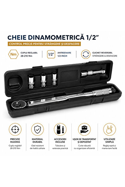 Bigstren Cheie dinamometrica 1/2", reglaj 28-210 Nm, cap clichet reversibil, set tubulare 17/19/21 mm, extensie inclusa, 47 x 4.5 cm, otel, Argintiu
