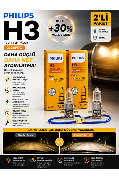 Philips H3 Vision +30% Daha Fazla Işık Far Ampulü 2'li Set Gün Işığı Rengi 12...