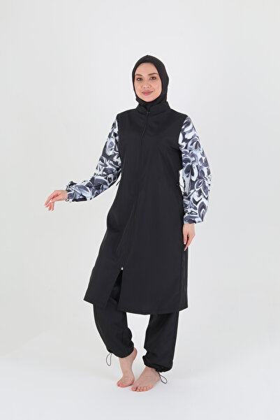 Rosto Fashion Siyah Beyaz Çiçekli kolları Lycra Tam Kapalı Paraşüt kumaş Mayo...