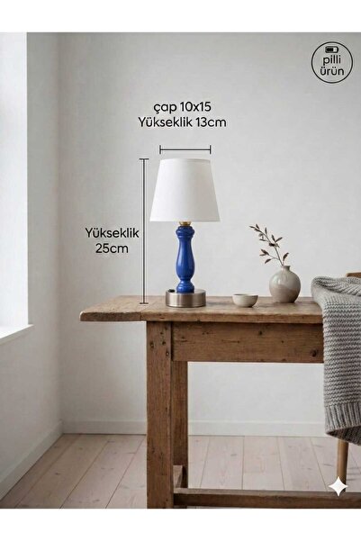 poplinhome Pilli Kablosuz Torna Ahşap Gövdeli Kumaş Başlıklı Abajur - 25 cm R...