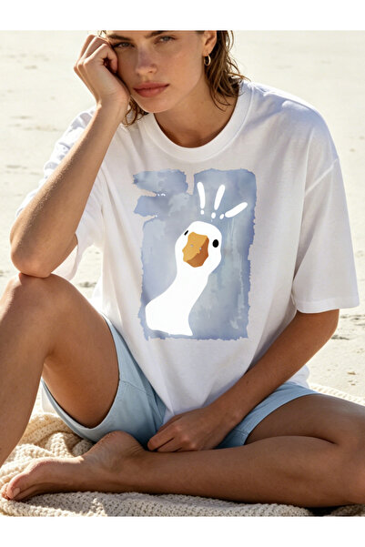 Fleck Womens T Shirts Duck Print Casual Summer Style Loose Fit White Top With...