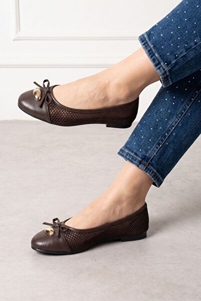 FUGA MODA Odette Brown Mesh Bowknot Ballerina Flats with Gold Drop Accessories