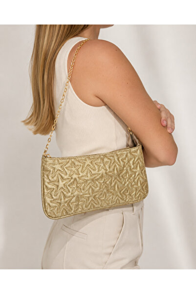 zetus Star Gold Yellow Star Patterned Chain Strap Women's Shoulder Bag