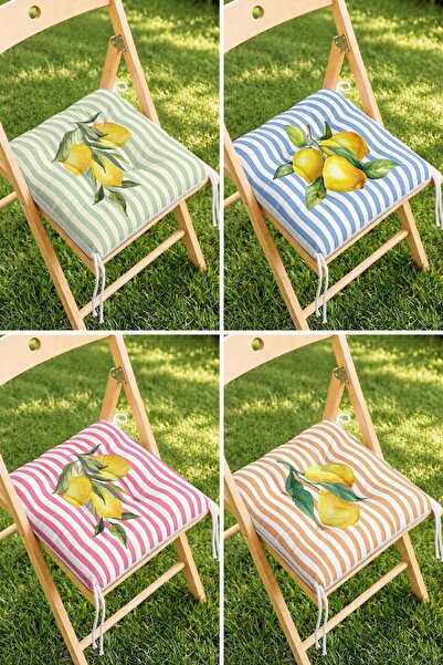 Home 4’lü Çizgili Limon Desenli Bağcıklı Pofidik Sandalye Minderi Seti