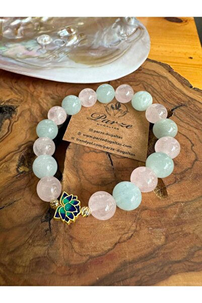 parze doğaltaş Aquamarine and Pink Quartz Natural Stone Design Bracelet