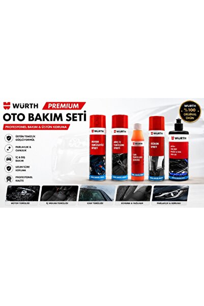 Würth Premium Oto Bakım Seti 5'li - Motor Temizleyici, Araç İçi Temizleyici, Silikon Sprey, Cam Sabunu ve AP30 Mumlu Cila