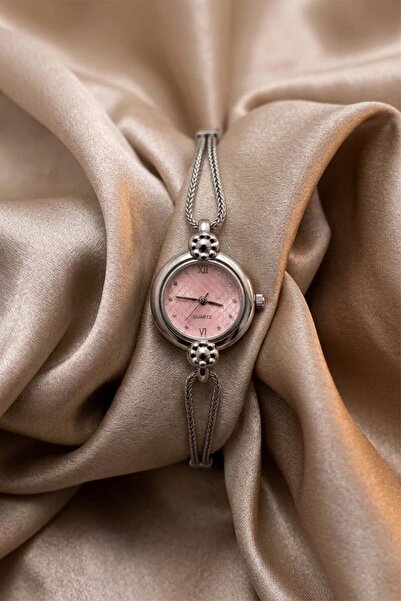 GANYMET Elegant Silver-Tone Women's Wristwatch with Pink Dial and Handmade Wo...