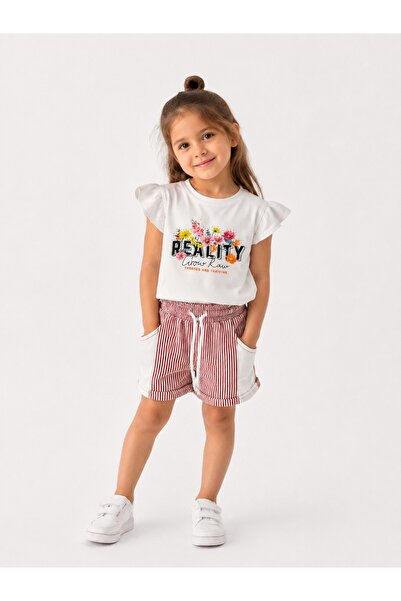 mini kanka 3-10 Years Old Girls' Floral Printed Ruffle Sleeve White T-Shirt S...