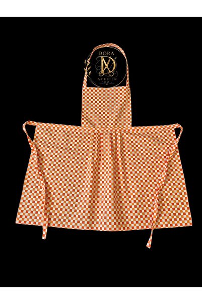 DORA ATELIER TEKSTİL Kitchen & Chef Apron Orange Checkered《Duck Fabric》