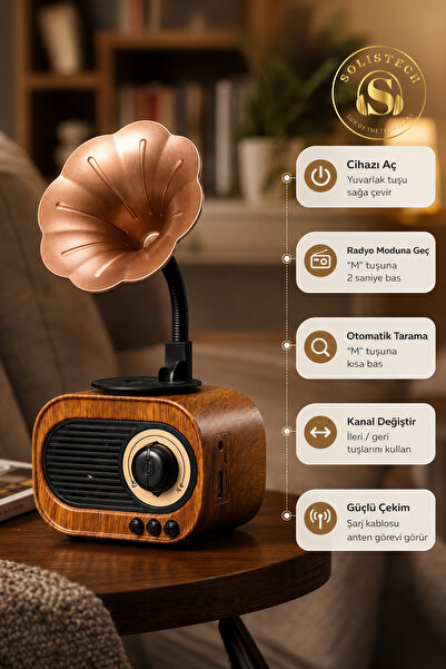 Solistech B 5 Nostalji Gramafon Plak görünümlü retro bluetooth radyo hoparlör USB Player TF Card Destekli
