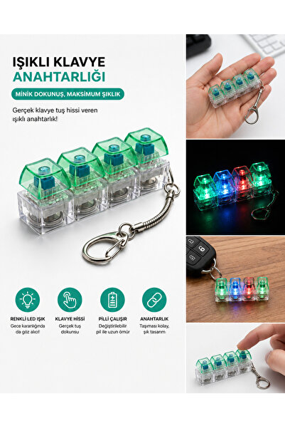 KANİNCHEN Led Işıklı 4'lü Mekanik Klavye Switch Anahtarlık Basınca Yanan Klav...