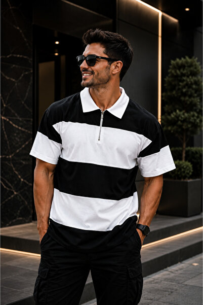 FECCY Μπλουζάκι πόλο Unisex με φερμουάρ-Μαύρο και άσπρο μπλουζάκι πόλο