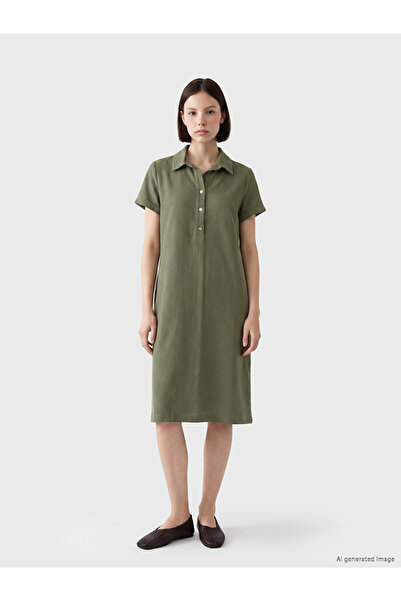 LC Waikiki Lcwaikiki Petite Khaki Polo Collar Muslin Dress