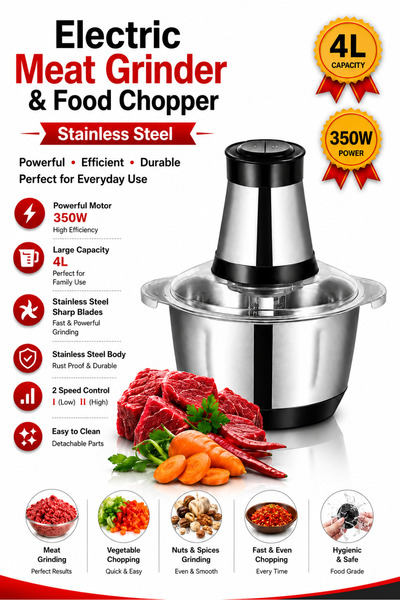 Baytix HOME 4L Stainless Steel Electric Food Chopper 350W Dual Speed Meat Min...