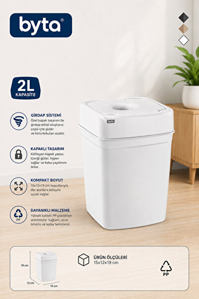 BYTA 2 Liter Mini Trash Can with Lid – Anti-Odor Swirl System, Pp Plastic, fo...