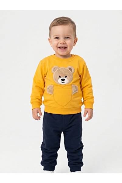 DaphKids Erkek Bebek 2'li Takım Ayıcık Cepli Sweatshirt & Eşofman Altı 3-12 Ay - Sarı