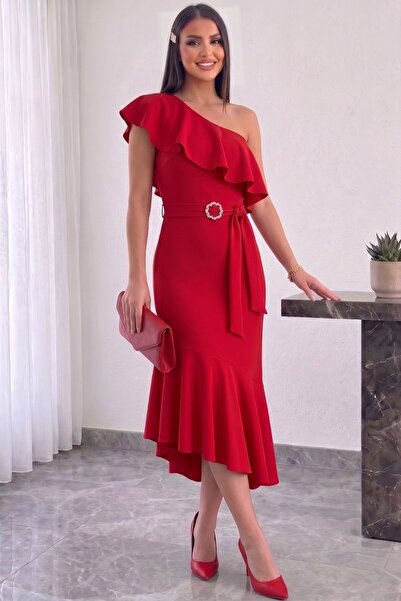 Aysan Moda One-Shoulder Midi Dress with Flywheel Detail