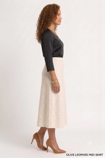 Butik Ara Boy A-Line High Waist Half Flared Leopard Pattern Elastic Waist Midi Skirt
