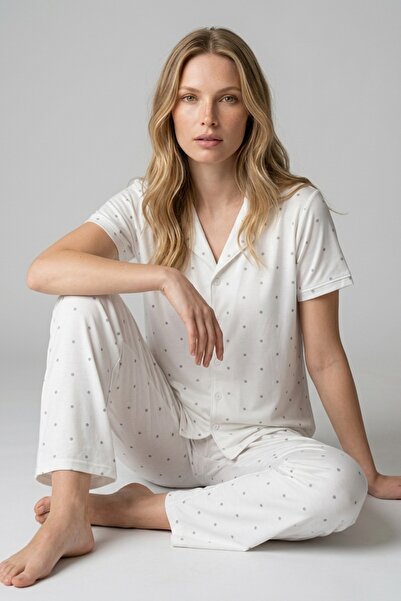MORRO Women's Ecru Polka Dot Buttoned Collar Short Sleeve Pajama Set