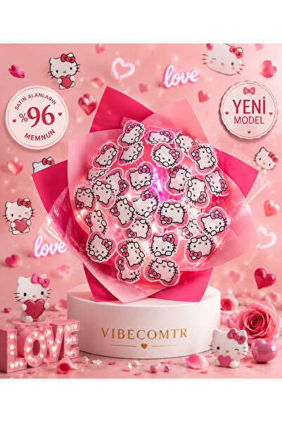 vibecomtr Kişiye Özel Notlu Hello Kitty Buketi – Işıklı Premium Hediye