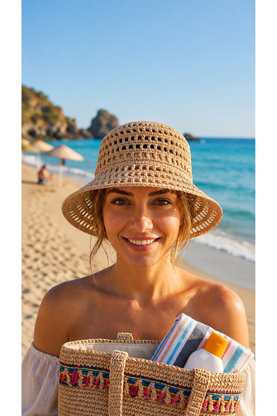 Walora Breeze Collection El Örgüsü Kağıt İp Plaj Şapkası – Yazlık Hasır Kadın...