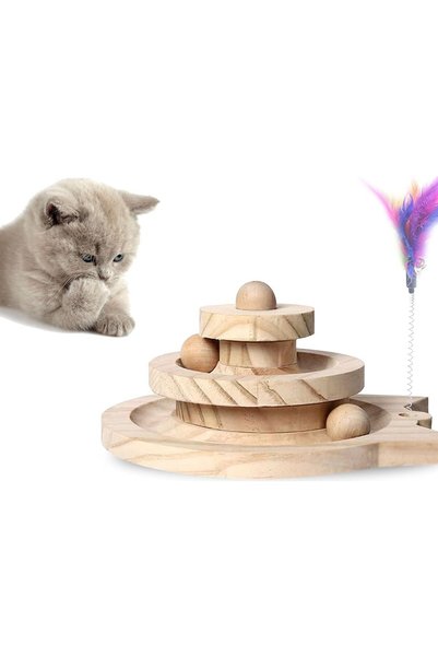 MIIQ2 Wooden Cat Toy Set - 3-Tier Bulk Intelligence-Enhancing Interactive Cat Playground and Furry Cat Fishing Rod