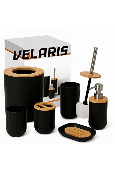 Velaris Set de baie din 6 piese, negru mat, cu accente din lemn, coș de gunoi...
