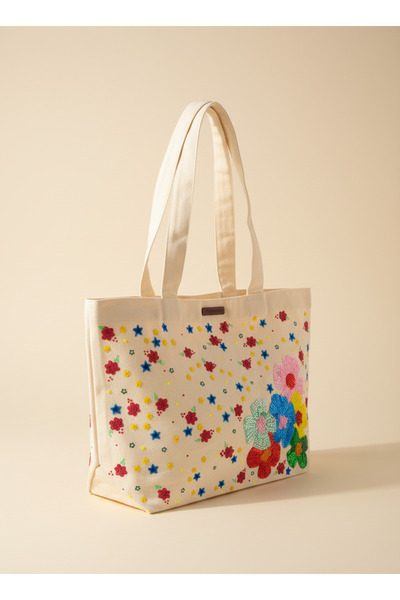 Vogue Visage Flower & Star Sequin Canvas Tote Bag