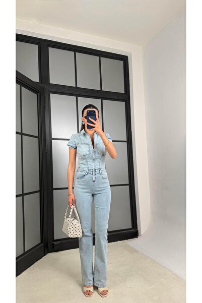 GAUS CO Açık Mavi İspanyol Paça Likralı Denim Tulum GAUS-01466