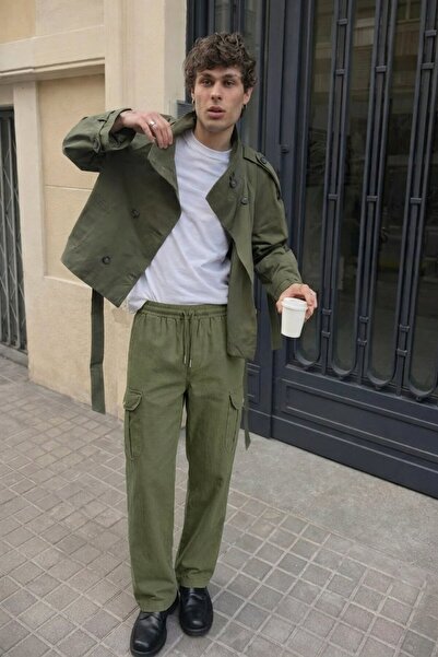 DAMGA JEANS Men's Casual Comfortable Khaki Cargo Linen Trousers