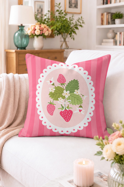 Home Çilek ve Çiçek Desenli Kırlent Kılıfı - Pembe Çizgili Dekoratif Yastık K...
