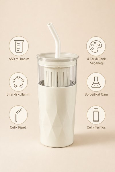 Archora Detox Thermos Cup with Straw Borosilicate Glass Steel Thermos Mug 5 Different Uses 650 ml