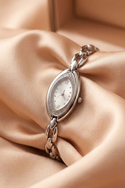 GANYMET Mei̇nsa Women's Silver Stone Detailed Oval Wristwatch with White Dial...
