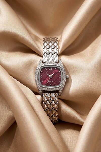 GANYMET Osi̇le Women's Silver Stone Detailed Wristwatch with Burgundy Dial an...