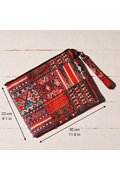 İsella Kilim Patterned Handbag 30X23Cm Zippered Multi-Purpose Clutch Bag Book...