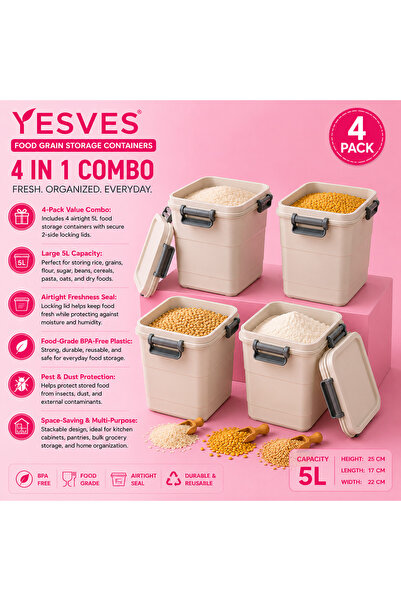YESVES 4-Pack 5L Airtight Food Grain Storage Containers with Locking Lids, BP...